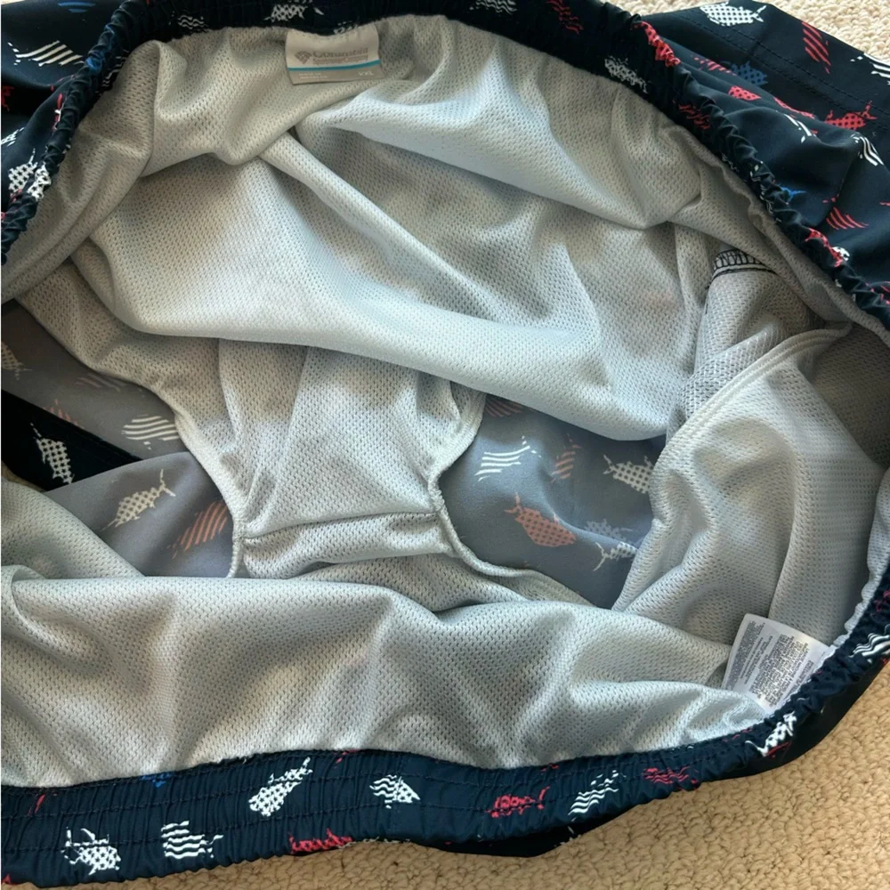Columbia Navy Blue Red White Fish Print Swim Trunks